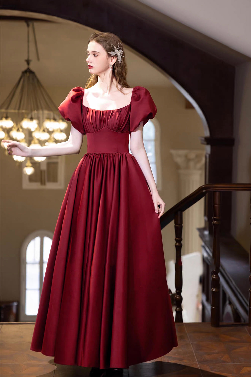 Burgundy Satin Square Neck Ball Gown with Puff Sleeves & Corset Back
