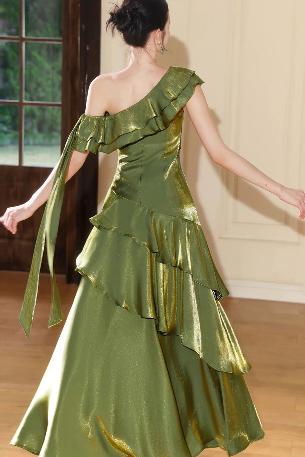 Olive Green Metallic One-Shoulder Evening Party Gown with Ruffles