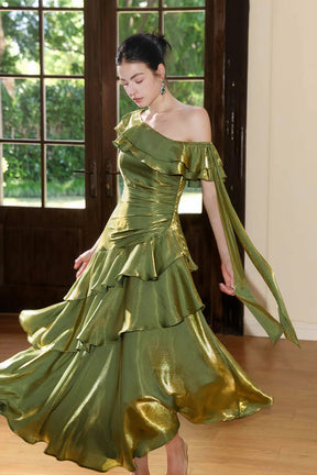 Olive Green Metallic One-Shoulder Evening Party Gown with Ruffles