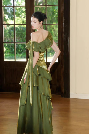 Olive Green Metallic One-Shoulder Evening Party Gown with Ruffles