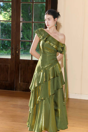 Olive Green Metallic One-Shoulder Evening Party Gown with Ruffles