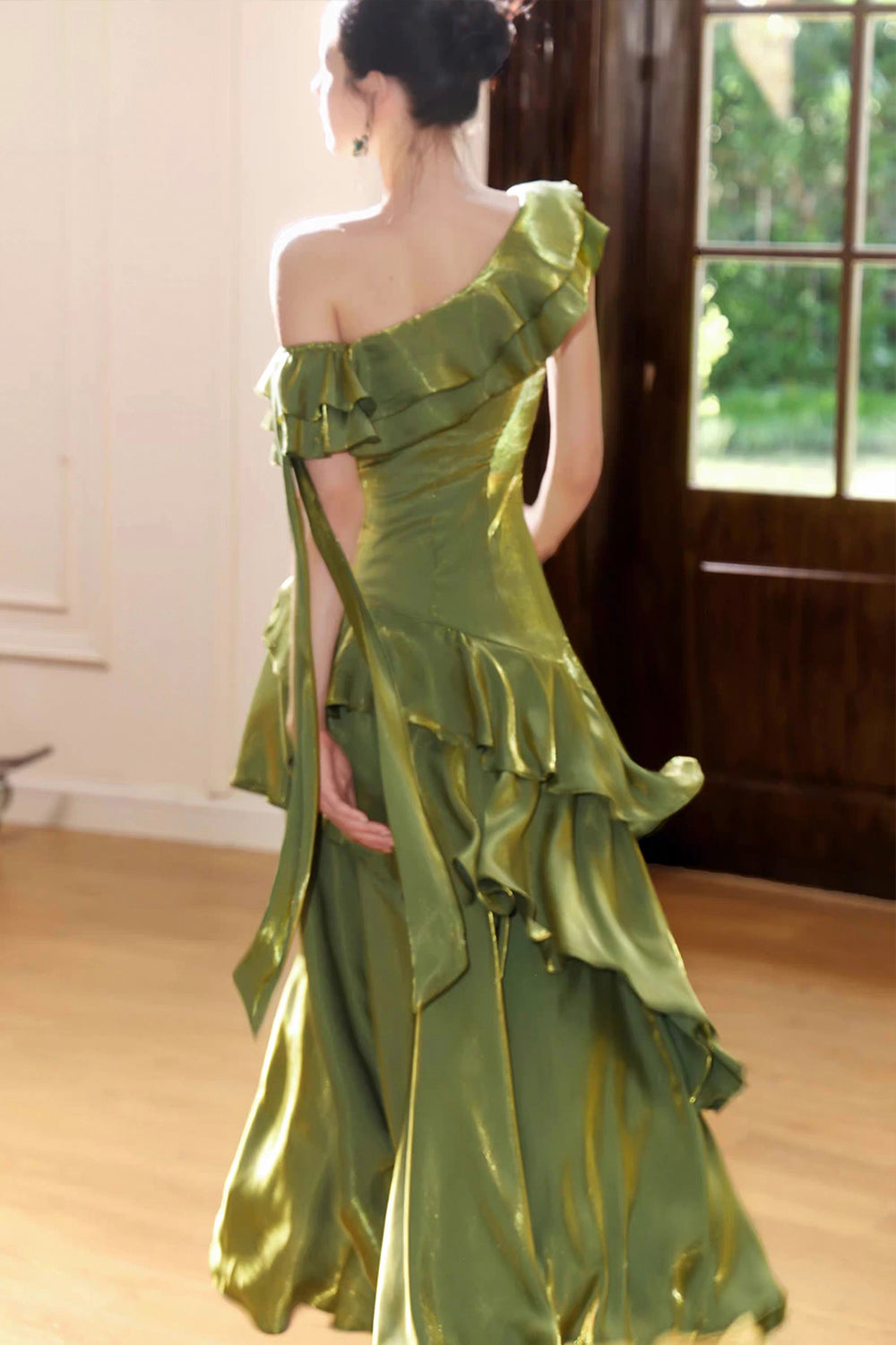 Olive Green Metallic One-Shoulder Evening Party Gown with Ruffles