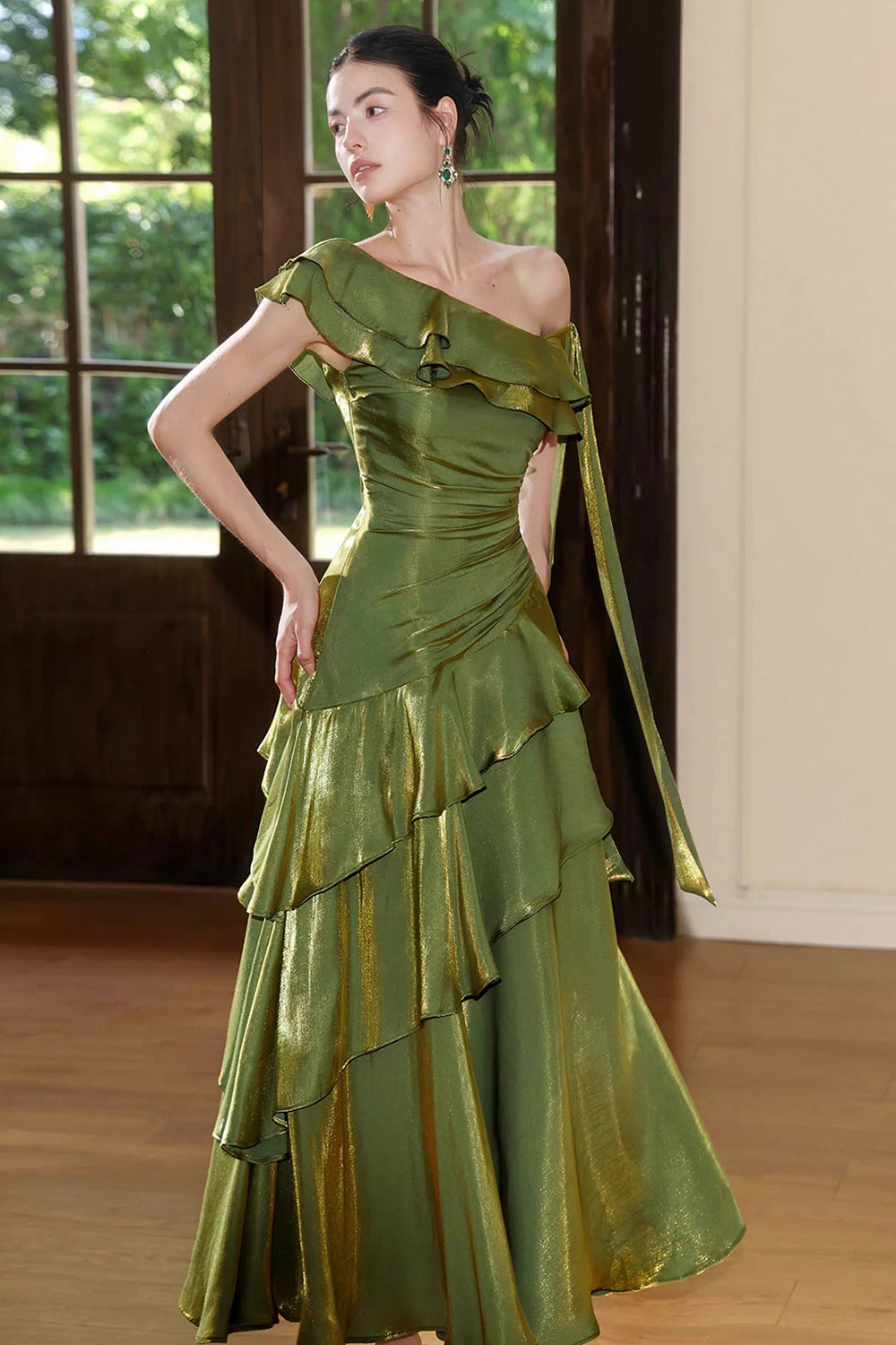 Olive Green Metallic One-Shoulder Evening Party Gown with Ruffles