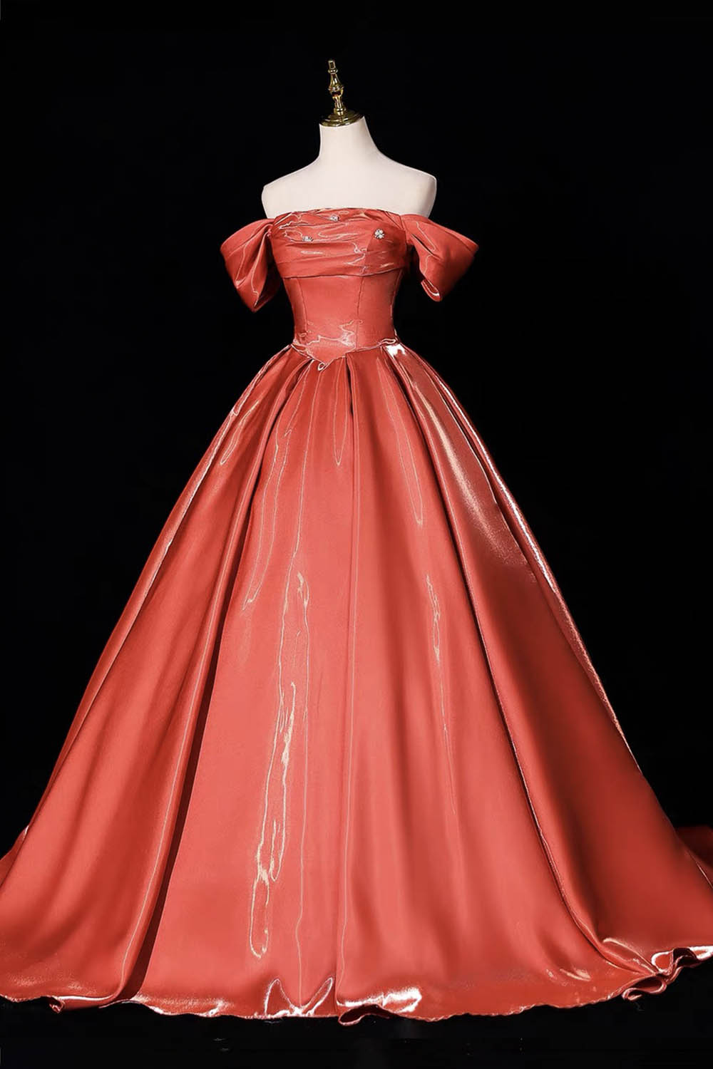 Orange Satin Off-Shoulder Ball Gown with Ruched Bodice & Lace-Up Back – Shiny Formal Dress