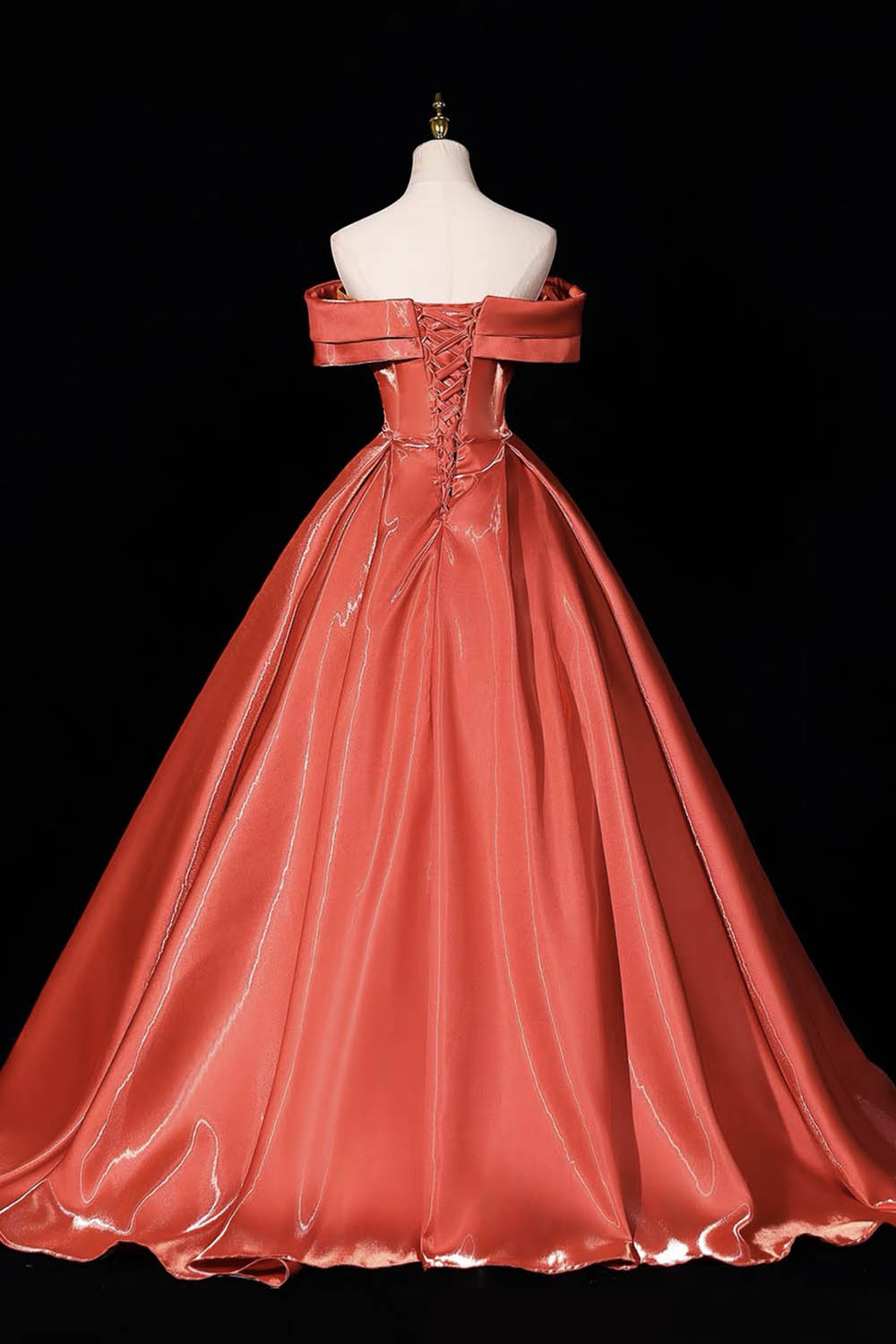 Orange Satin Off-Shoulder Ball Gown with Ruched Bodice & Lace-Up Back – Shiny Formal Dress
