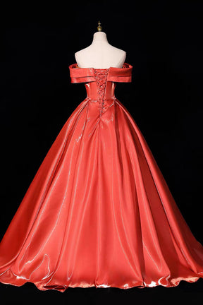 Orange Satin Off-Shoulder Ball Gown with Ruched Bodice & Lace-Up Back – Shiny Formal Dress