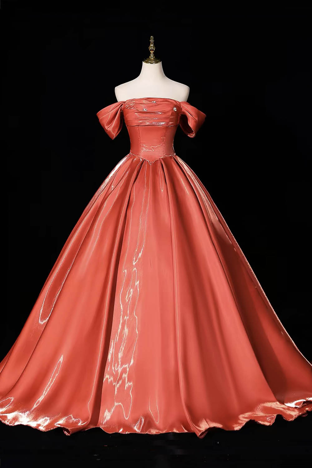 Orange Satin Off-Shoulder Ball Gown with Ruched Bodice & Lace-Up Back – Shiny Formal Dress