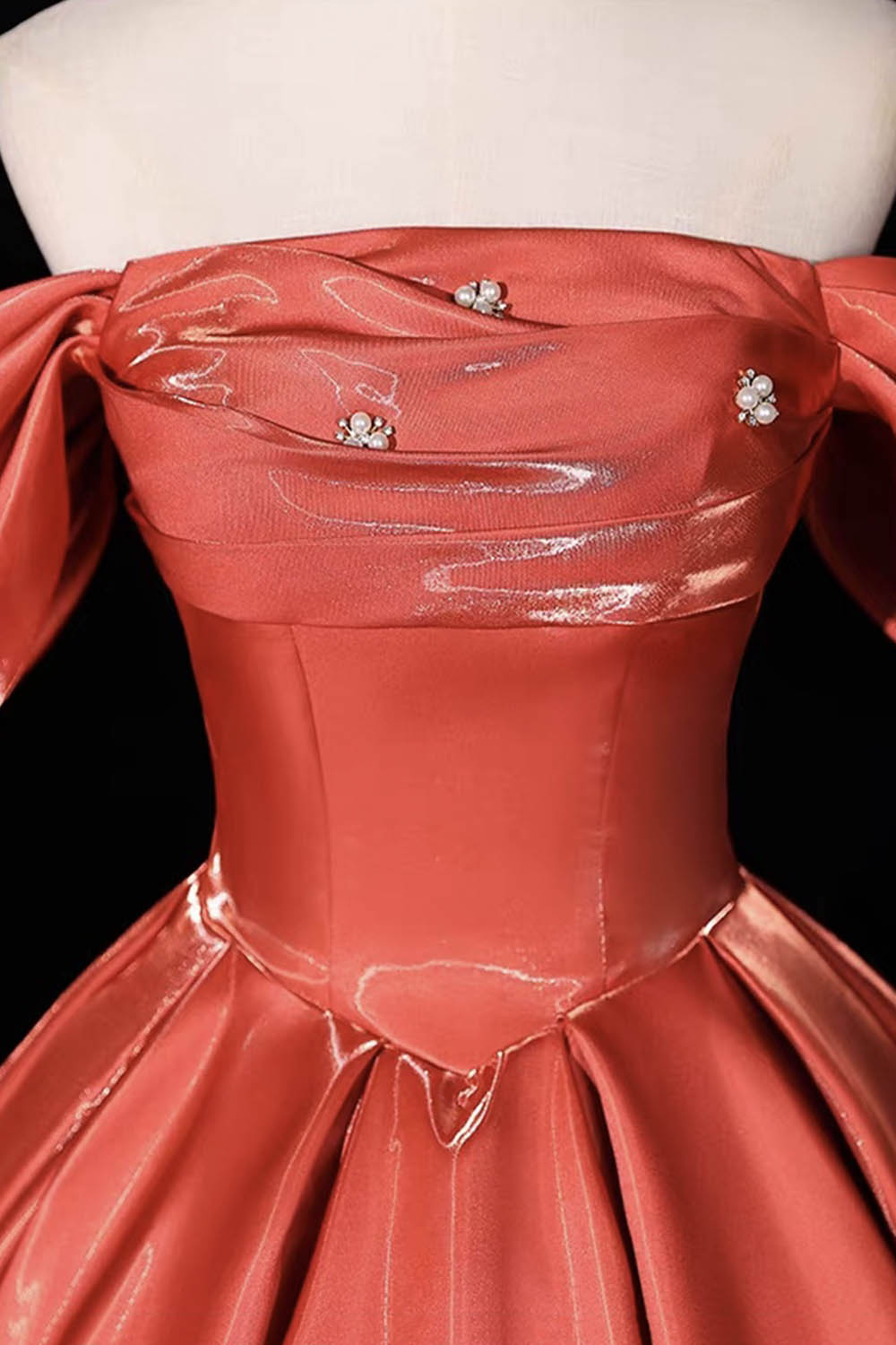Orange Satin Off-Shoulder Ball Gown with Ruched Bodice & Lace-Up Back – Shiny Formal Dress