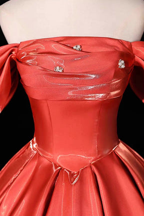 Orange Satin Off-Shoulder Ball Gown with Ruched Bodice & Lace-Up Back – Shiny Formal Dress