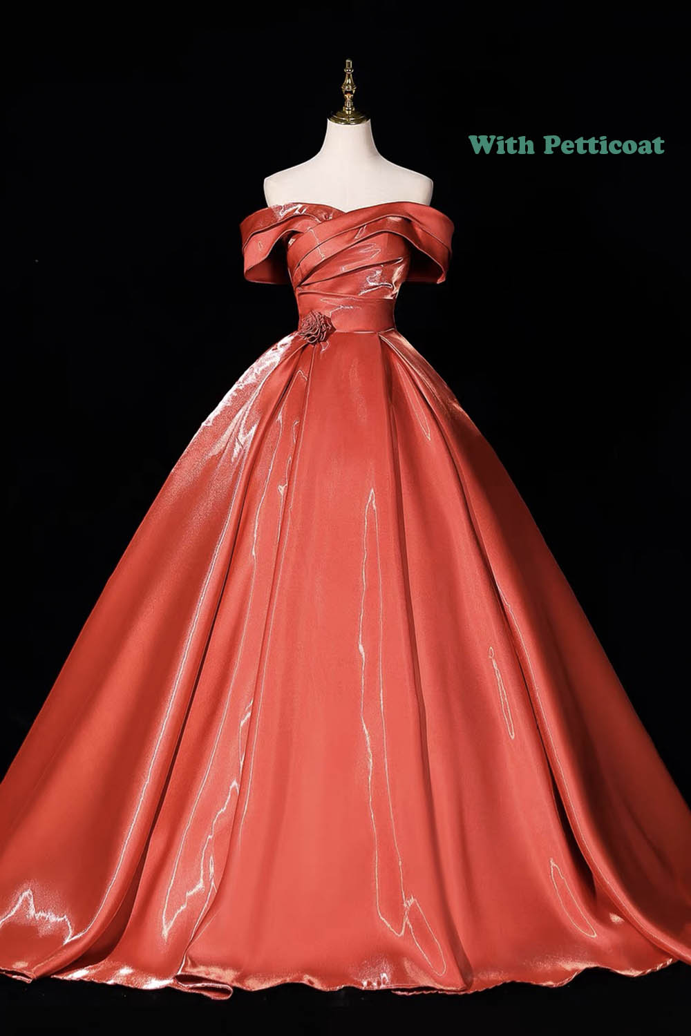 Orange Satin Off-Shoulder Ball Gown with Ruched Bodice – Shiny Formal Dress