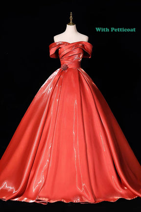 Orange Satin Off-Shoulder Ball Gown with Ruched Bodice – Shiny Formal Dress