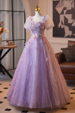 Light Purple Tulle Flower Long Prom Party Dress, Lovely A-Line Short S Light Purple Tulle Flower Long Prom Party Dress, Lovely A-Line Short S