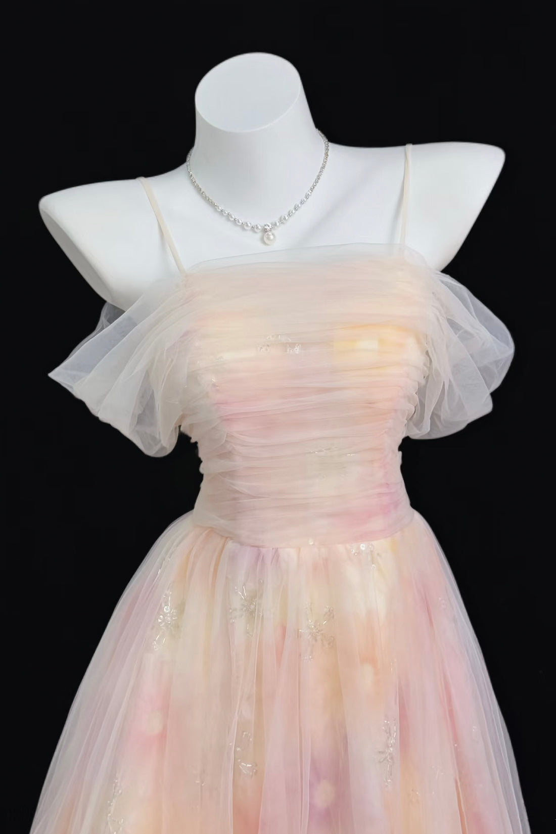 Dreamy Pastel Tie-Dye Tulle Gown with Ruffled Off-Shoulder Sleeves