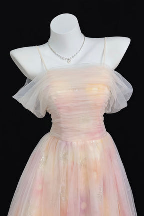 Dreamy Pastel Tie-Dye Tulle Gown with Ruffled Off-Shoulder Sleeves