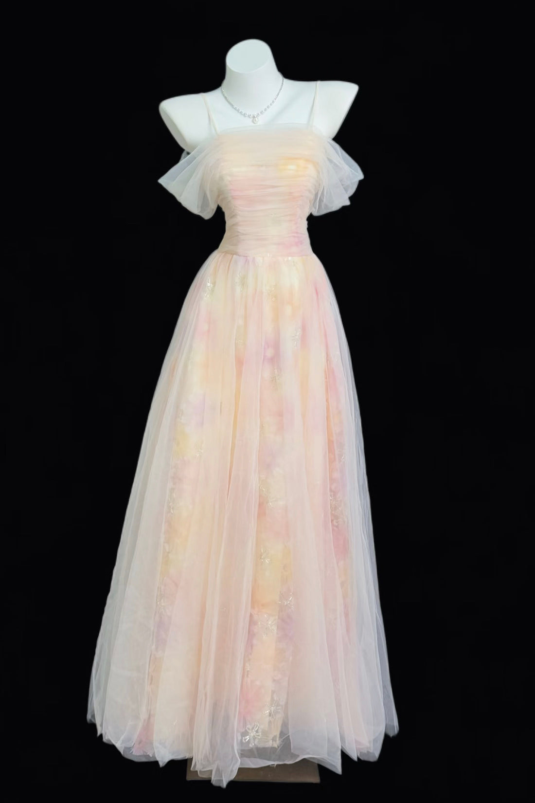 Dreamy Pastel Tie-Dye Tulle Gown with Ruffled Off-Shoulder Sleeves