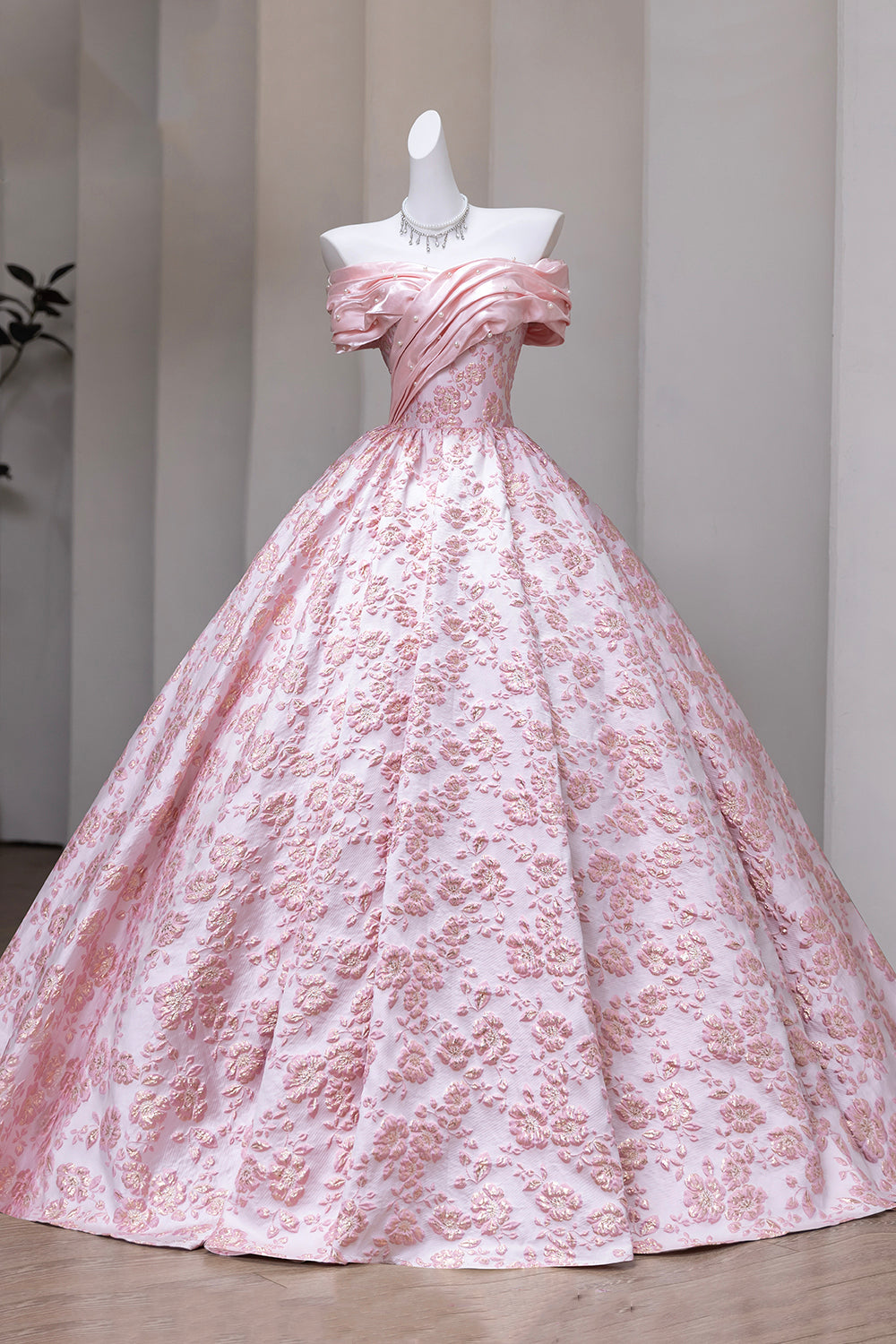 Pink Floral Jacquard Ball Gown with Ruched Off-Shoulder Neckline