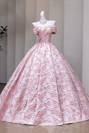 Pink Floral Jacquard Ball Gown with Ruched Off-Shoulder Neckline