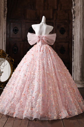 Pink Floral Embroidered Ball Gown Off-Shoulder Tulle Prom Dress