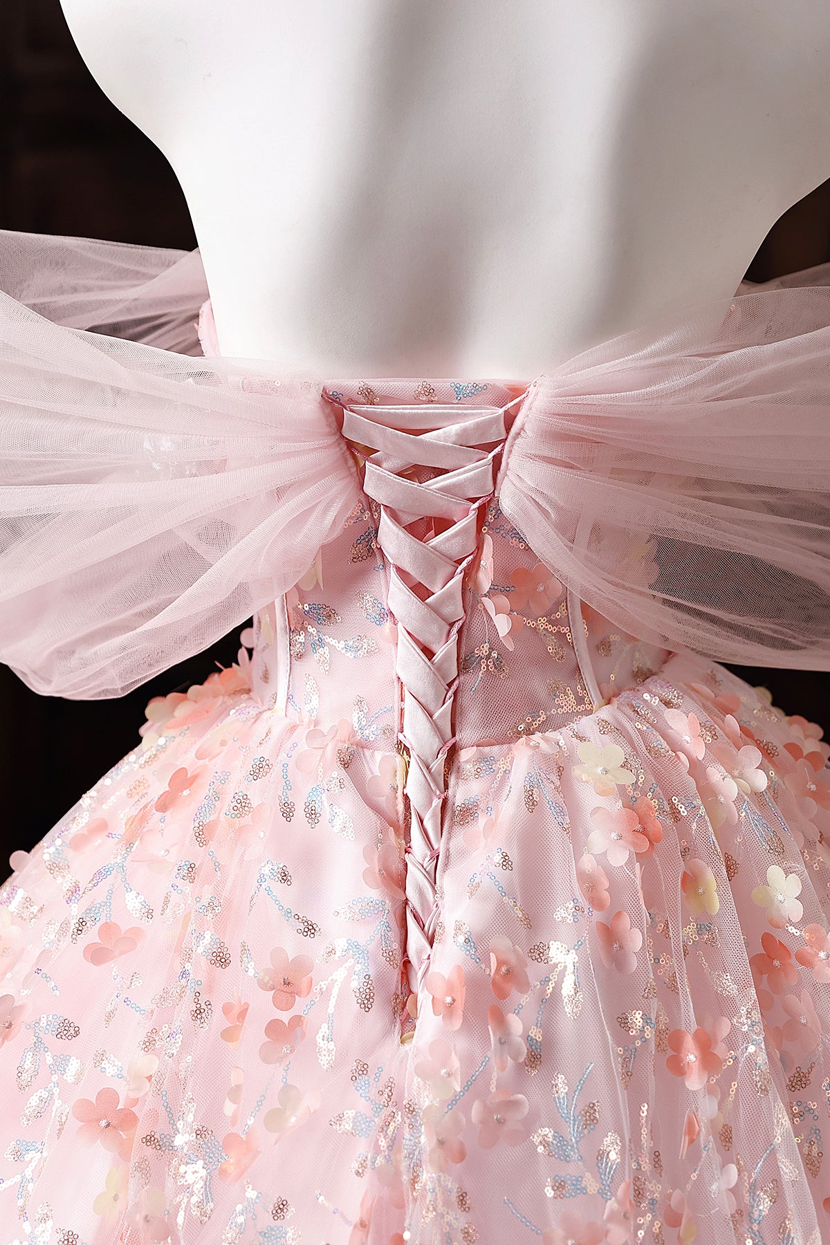 Pink Floral Embroidered Ball Gown Off-Shoulder Tulle Prom Dress