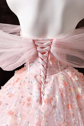 Pink Floral Embroidered Ball Gown Off-Shoulder Tulle Prom Dress