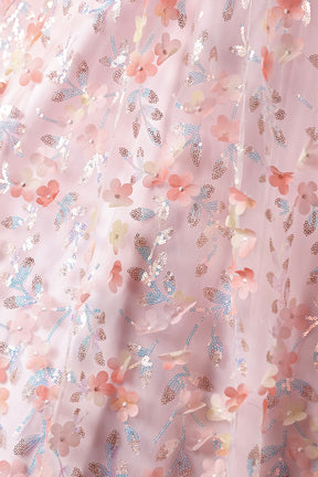 Pink Floral Embroidered Ball Gown Off-Shoulder Tulle Prom Dress