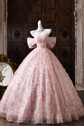 Pink Floral Embroidered Ball Gown Off-Shoulder Tulle Prom Dress