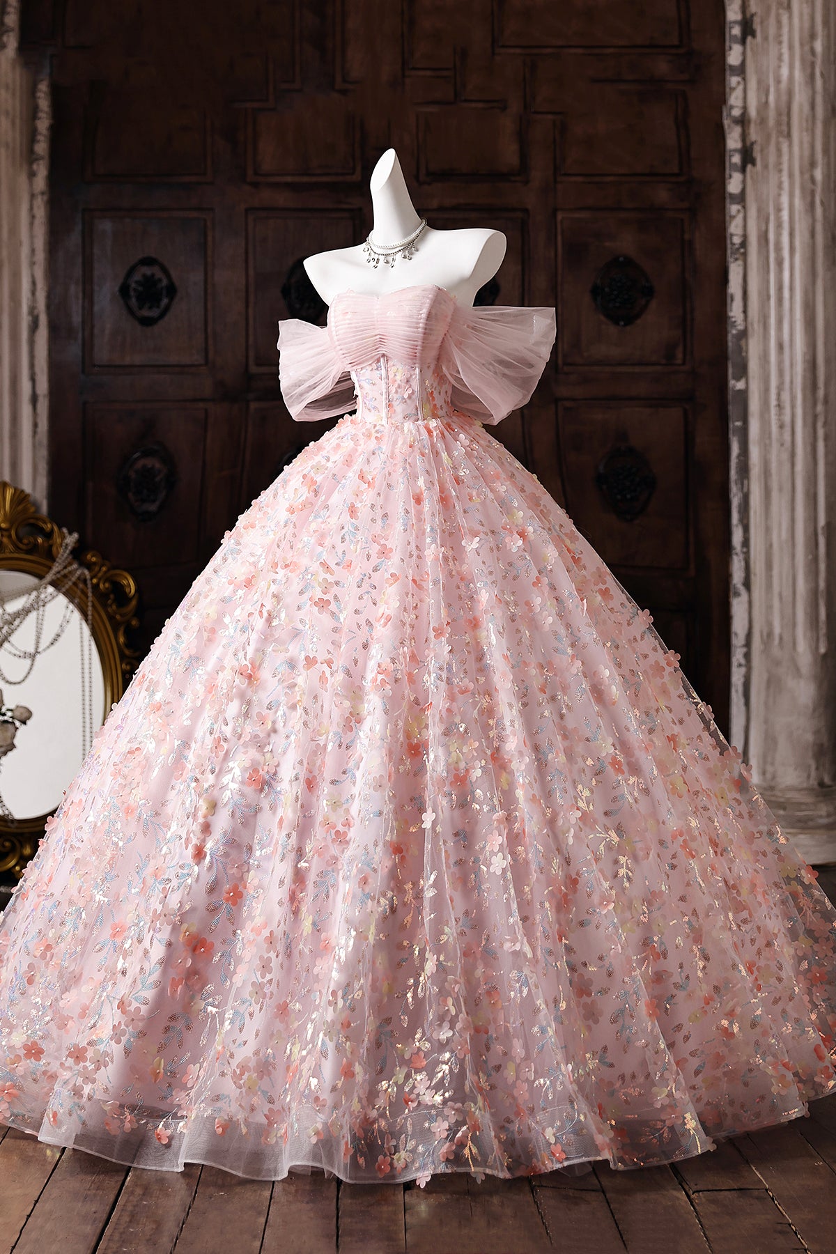 Pink Floral Embroidered Ball Gown Off-Shoulder Tulle Prom Dress