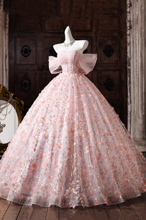 Pink Floral Embroidered Ball Gown Off-Shoulder Tulle Prom Dress