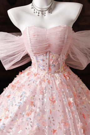 Pink Floral Embroidered Ball Gown Off-Shoulder Tulle Prom Dress