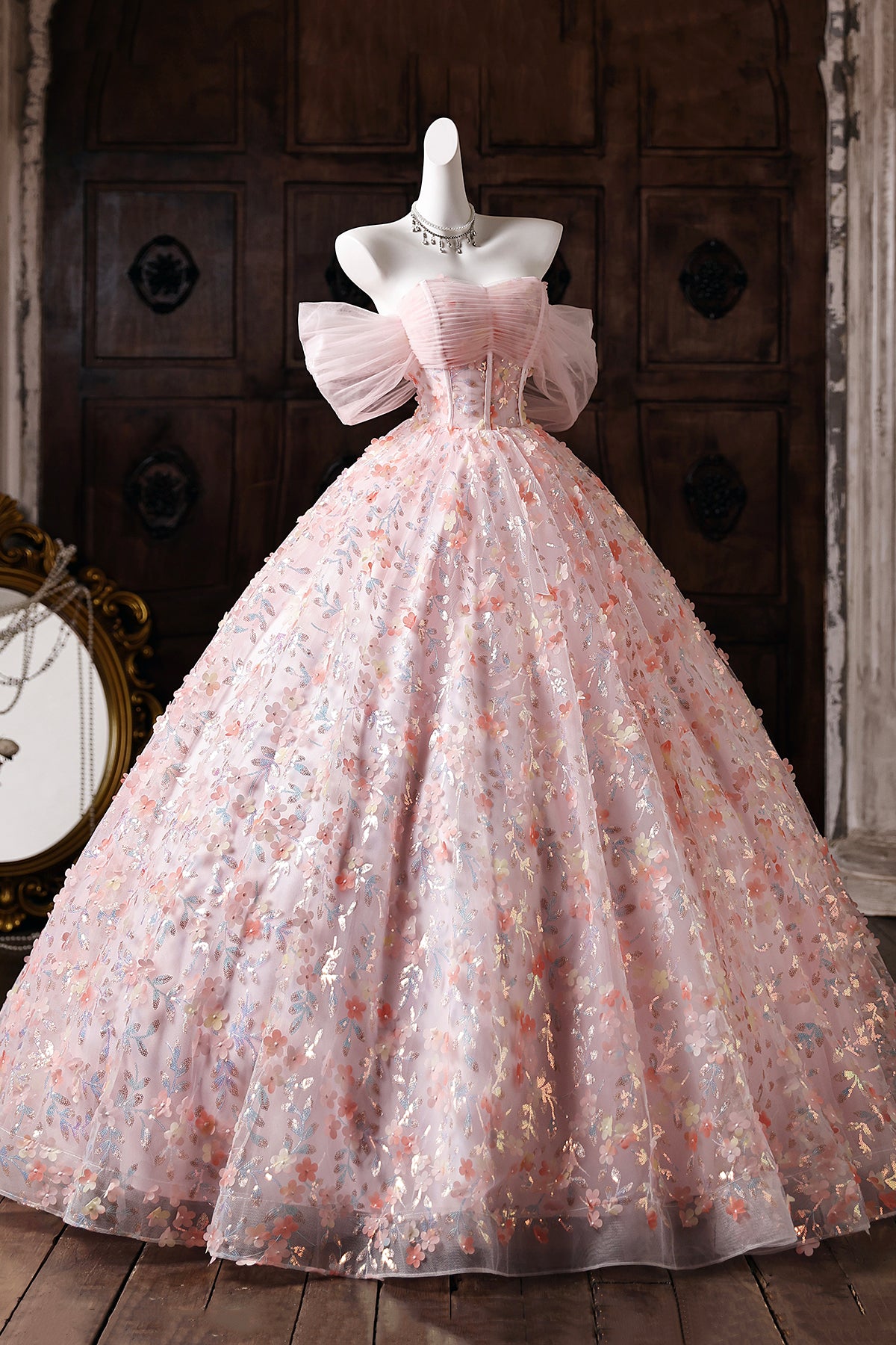 Pink Floral Embroidered Ball Gown Off-Shoulder Tulle Prom Dress