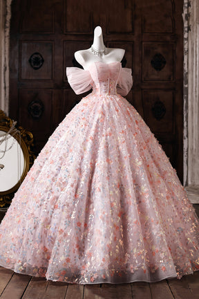Pink Floral Embroidered Ball Gown Off-Shoulder Tulle Prom Dress
