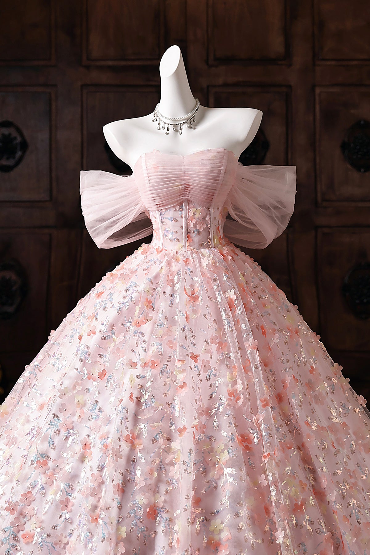 Pink Floral Embroidered Ball Gown Off-Shoulder Tulle Prom Dress