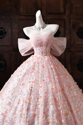 Pink Floral Embroidered Ball Gown Off-Shoulder Tulle Prom Dress