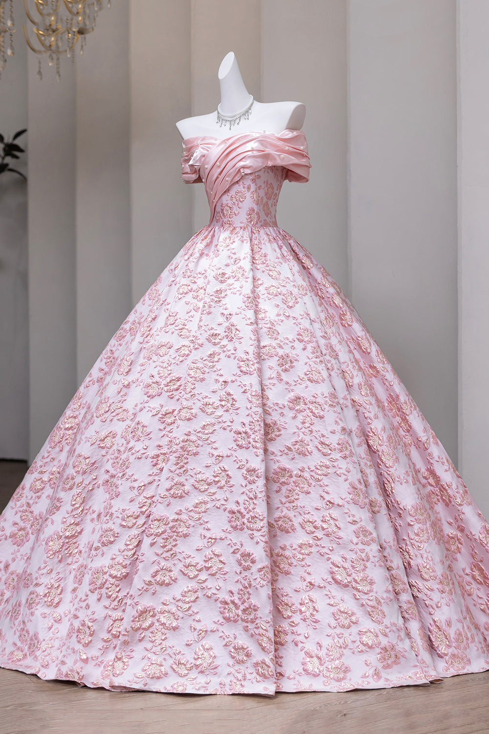 Pink Floral Jacquard Ball Gown with Ruched Off-Shoulder Neckline