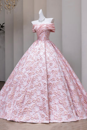 Pink Floral Jacquard Ball Gown with Ruched Off-Shoulder Neckline