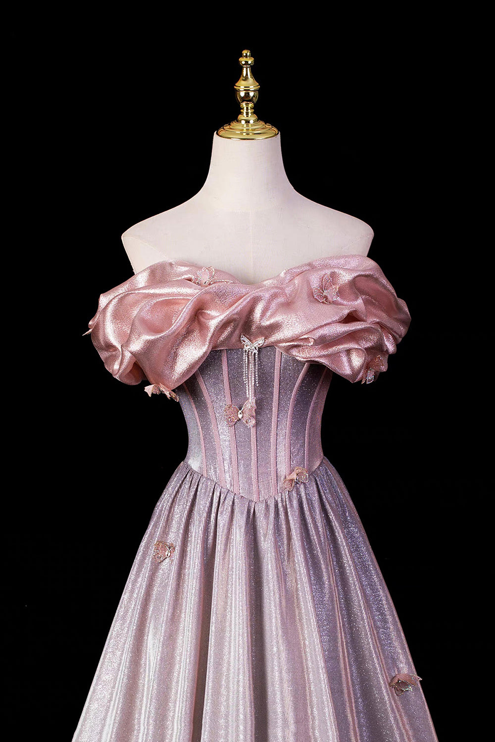 Pink-Lavender Shimmer Off-the-Shoulder Ball Gown with Ruffled Neckline