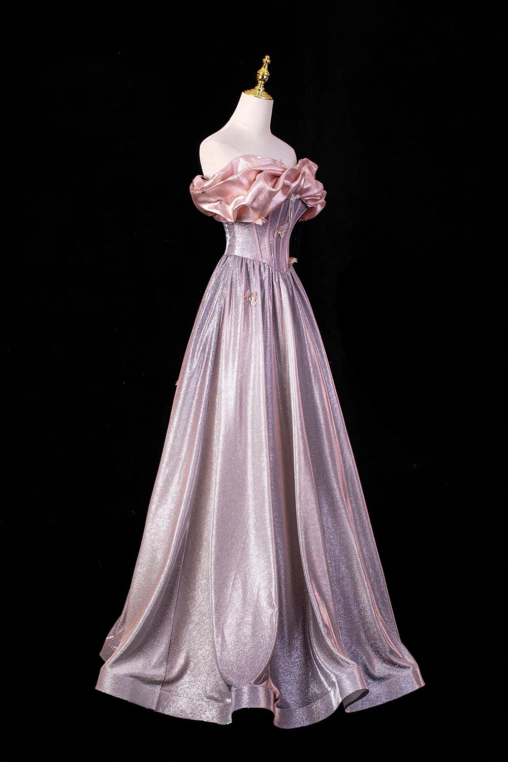 Pink-Lavender Shimmer Off-the-Shoulder Ball Gown with Ruffled Neckline