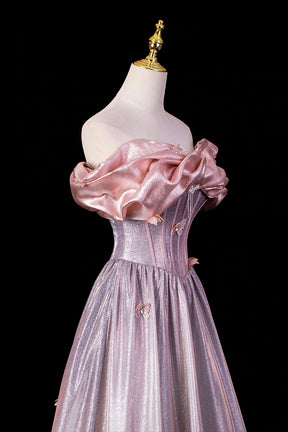 Pink-Lavender Shimmer Off-the-Shoulder Ball Gown with Ruffled Neckline