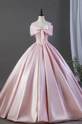 Pink Satin Off-the-Shoulder Ball Gown with Bow Detail – Elegant Formal Dress for Prom