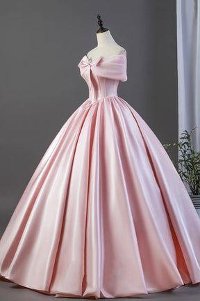 Pink Satin Off-the-Shoulder Ball Gown with Bow Detail – Elegant Formal Dress for Prom
