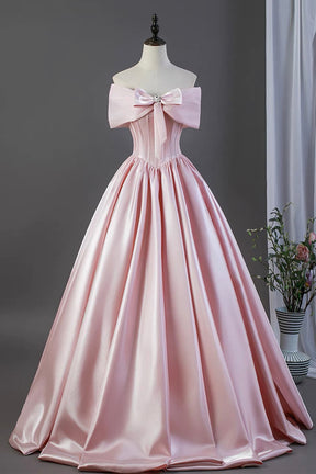 Pink Satin Off-the-Shoulder Ball Gown with Bow Detail – Elegant Formal Dress for Prom