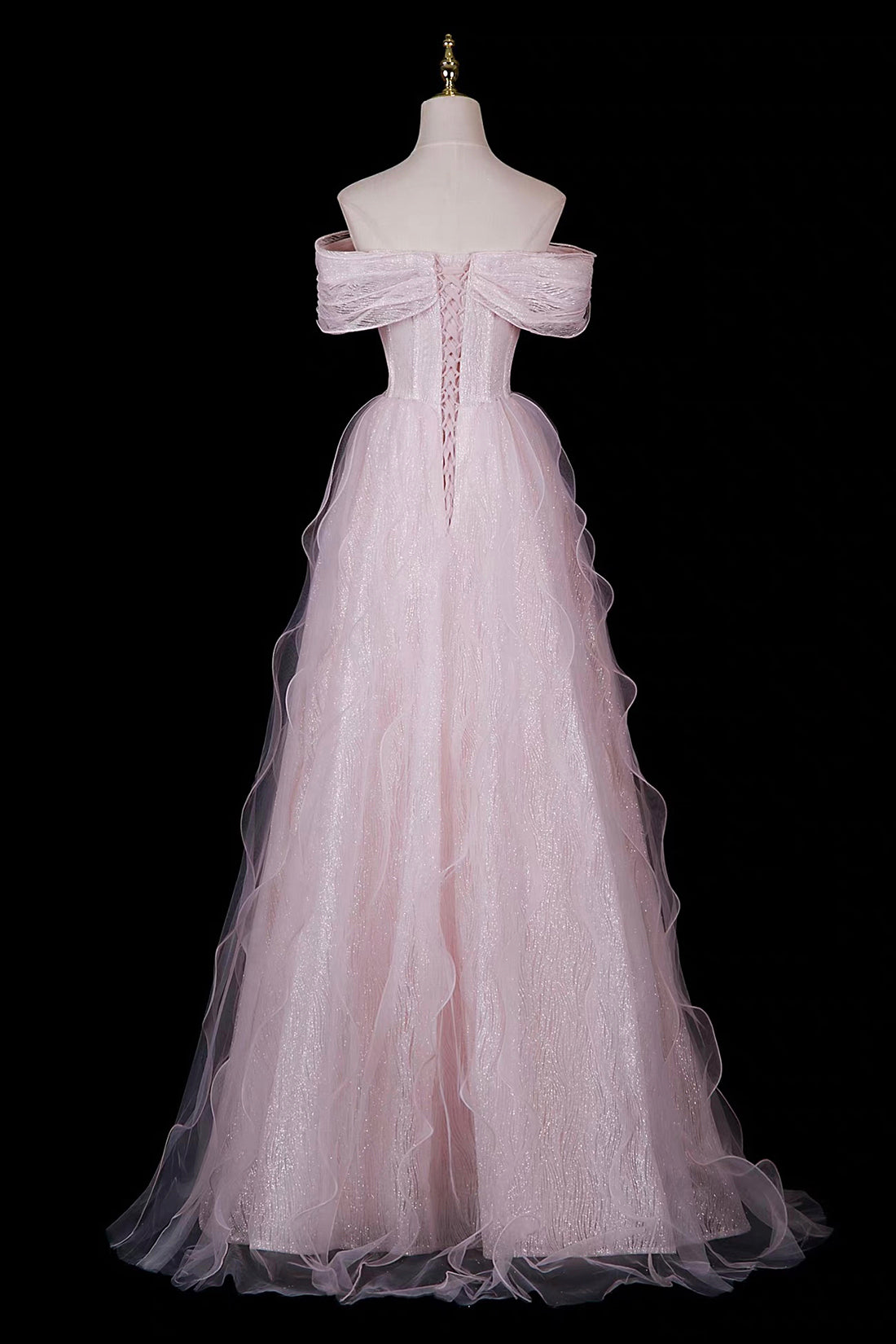 Pink Off-Shoulder Sequin Gown with Ruffled Shoulders & Layered Tulle Skirt