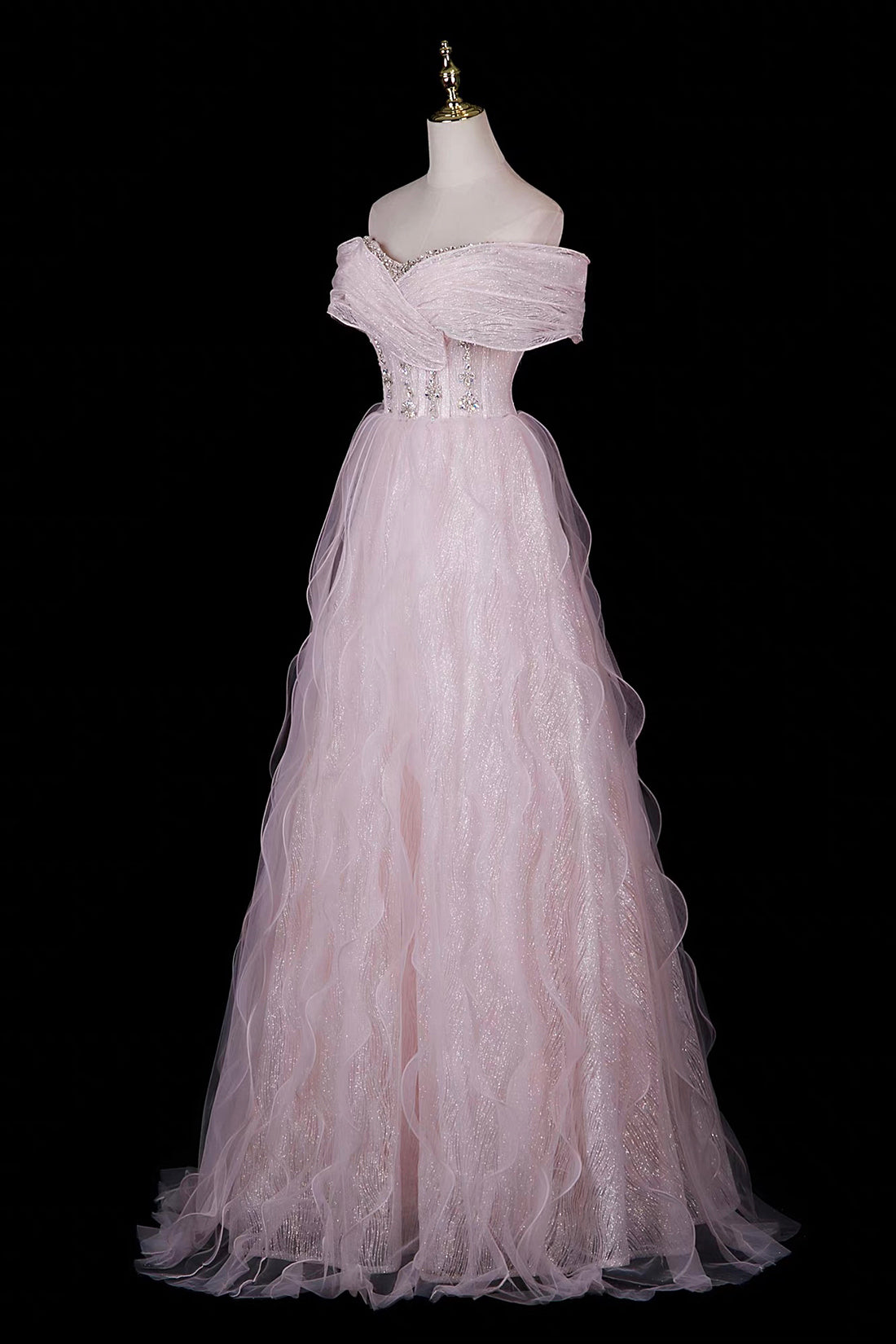 Pink Off-Shoulder Sequin Gown with Ruffled Shoulders & Layered Tulle Skirt