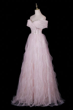 Pink Off-Shoulder Sequin Gown with Ruffled Shoulders & Layered Tulle Skirt
