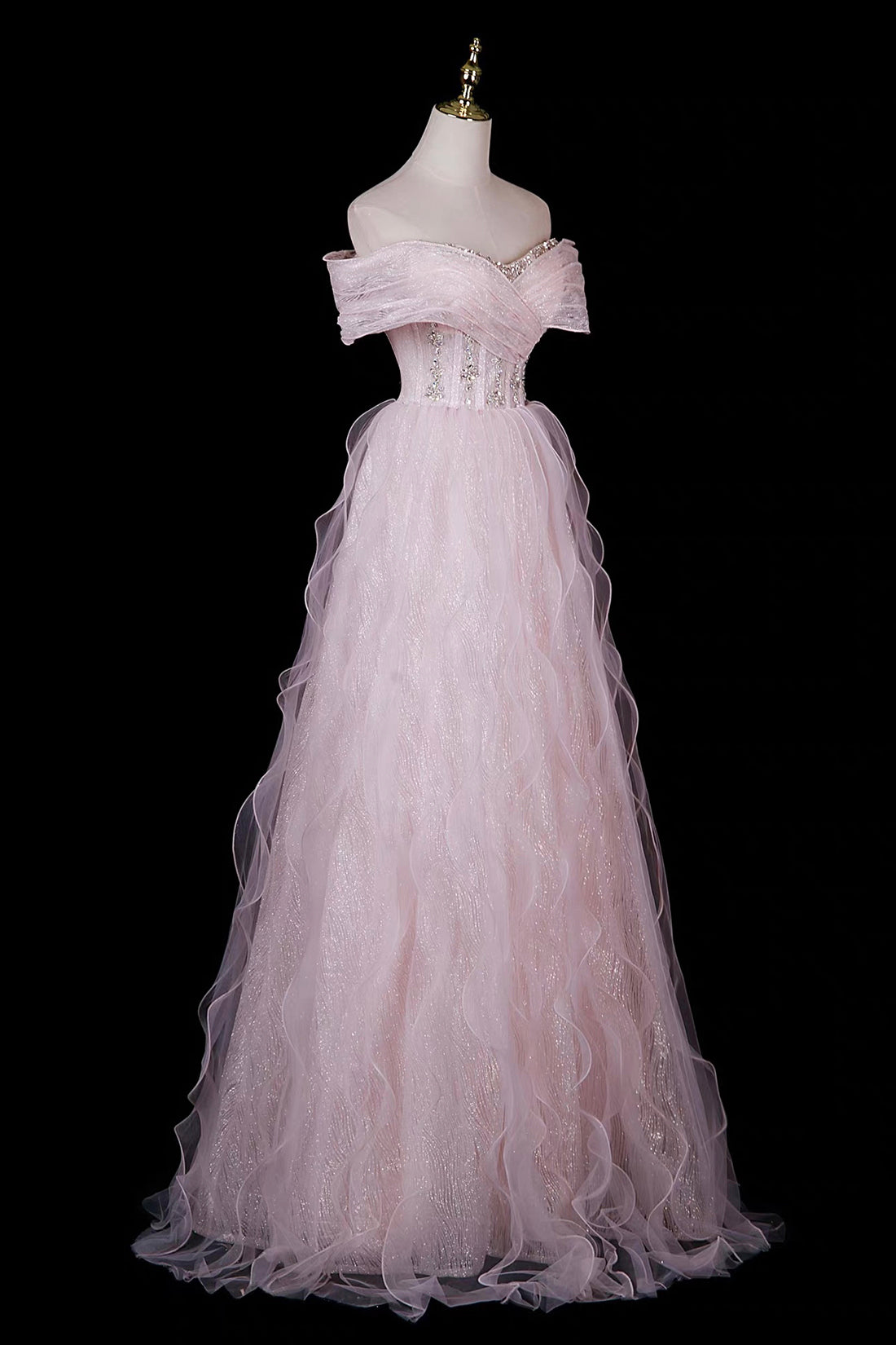 Pink Off-Shoulder Sequin Gown with Ruffled Shoulders & Layered Tulle Skirt