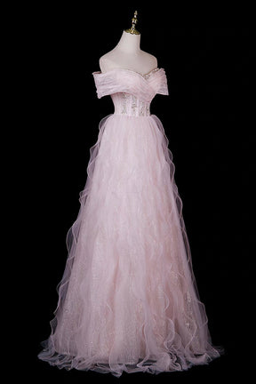 Pink Off-Shoulder Sequin Gown with Ruffled Shoulders & Layered Tulle Skirt