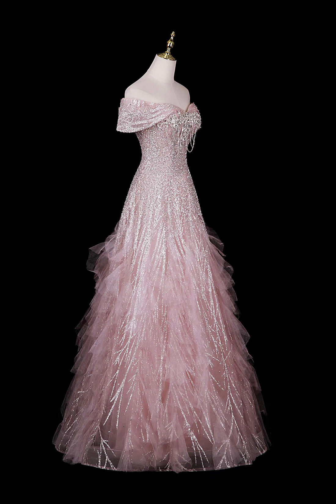 Pink Off-Shoulder Sequin Gown with Ruffled Shoulders