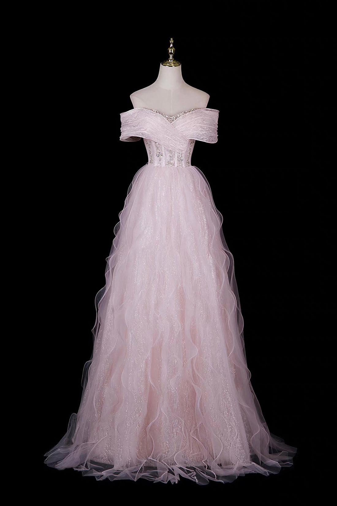 Pink Off-Shoulder Sequin Gown with Ruffled Shoulders & Layered Tulle Skirt