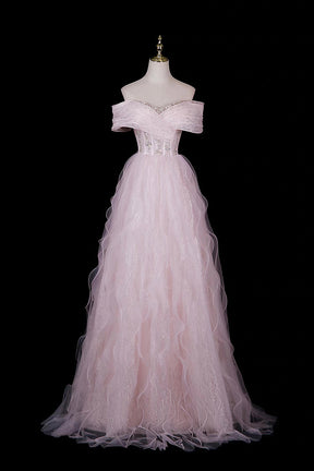 Pink Off-Shoulder Sequin Gown with Ruffled Shoulders & Layered Tulle Skirt