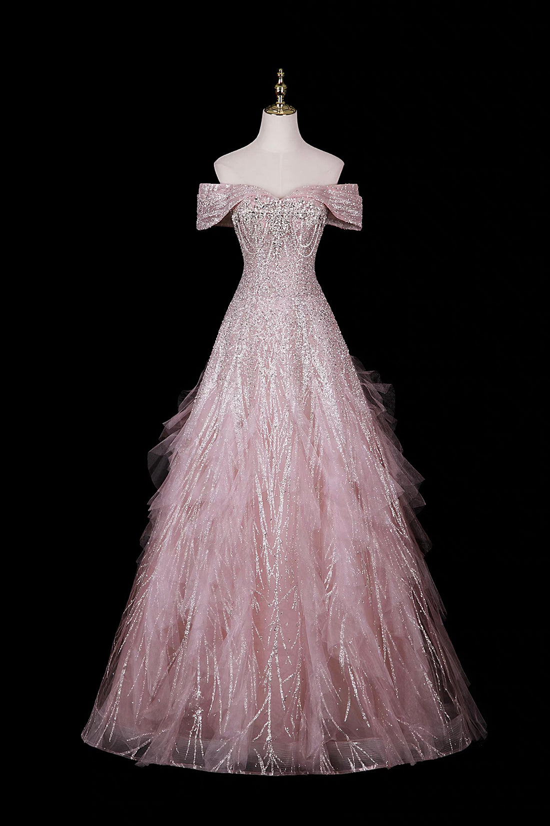 Pink Off-Shoulder Sequin Gown with Ruffled Shoulders